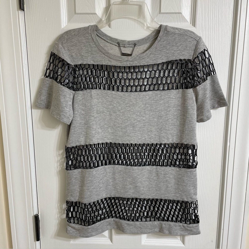 Benjamin Jay Light Gray Black Mesh Short Sleeve Top Women’s Size M